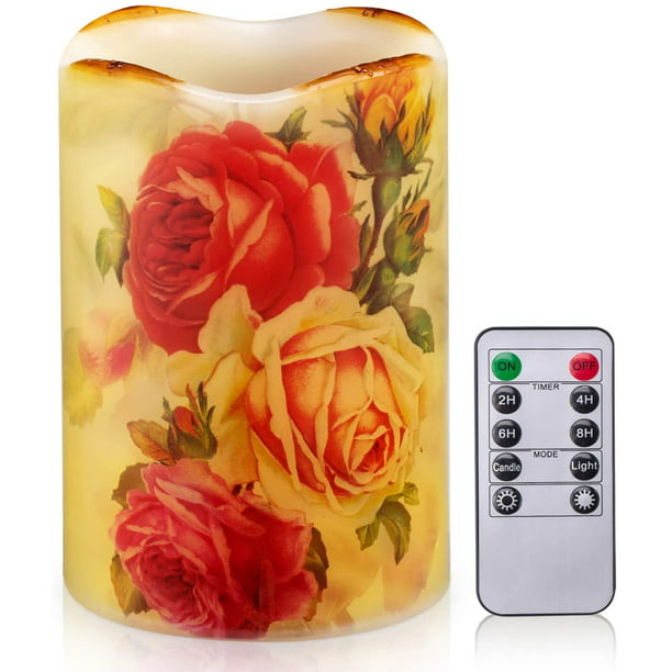 Home Decor Dripless Flower Candle Flameless Candle Flickering Rustic Roses Battery Operated LED Candle Real Wax Pillar with Remote Timer 